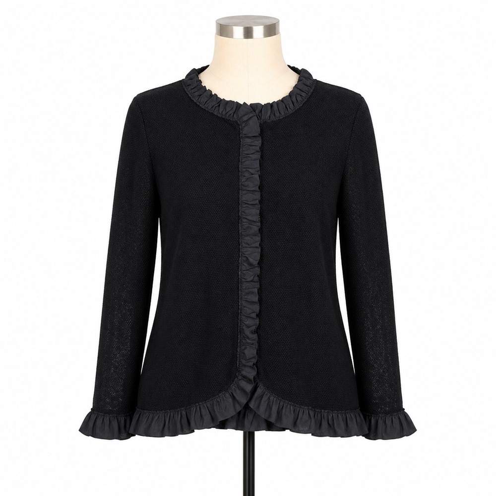 Misook Cardigan Jacket Womens Medium Petite Black Ruffle Trim Knit Long Sleeve